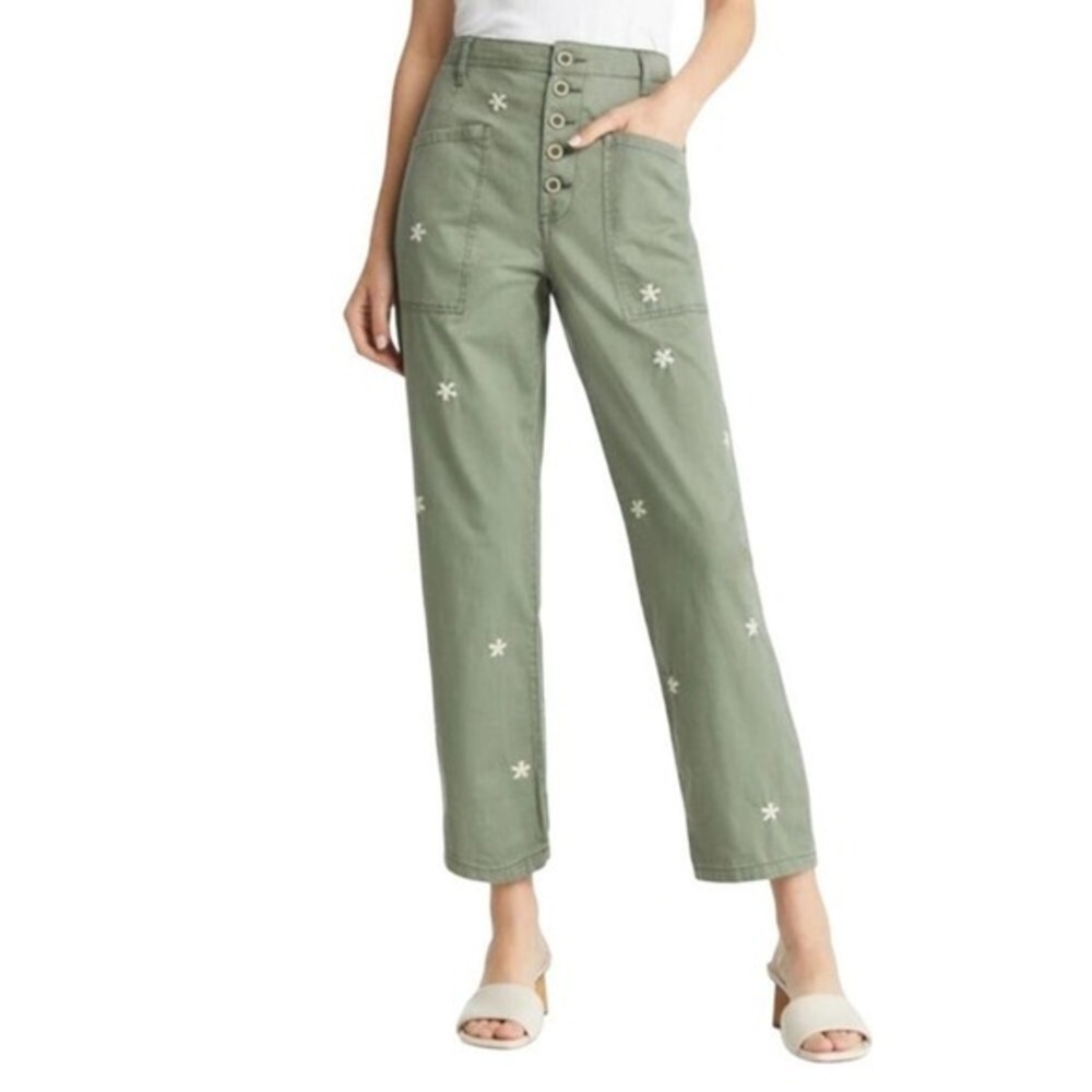 Pistola Boho Straight Leg Pants Daisy Embroidered 27 Sage Green Solei Ankle Crop
